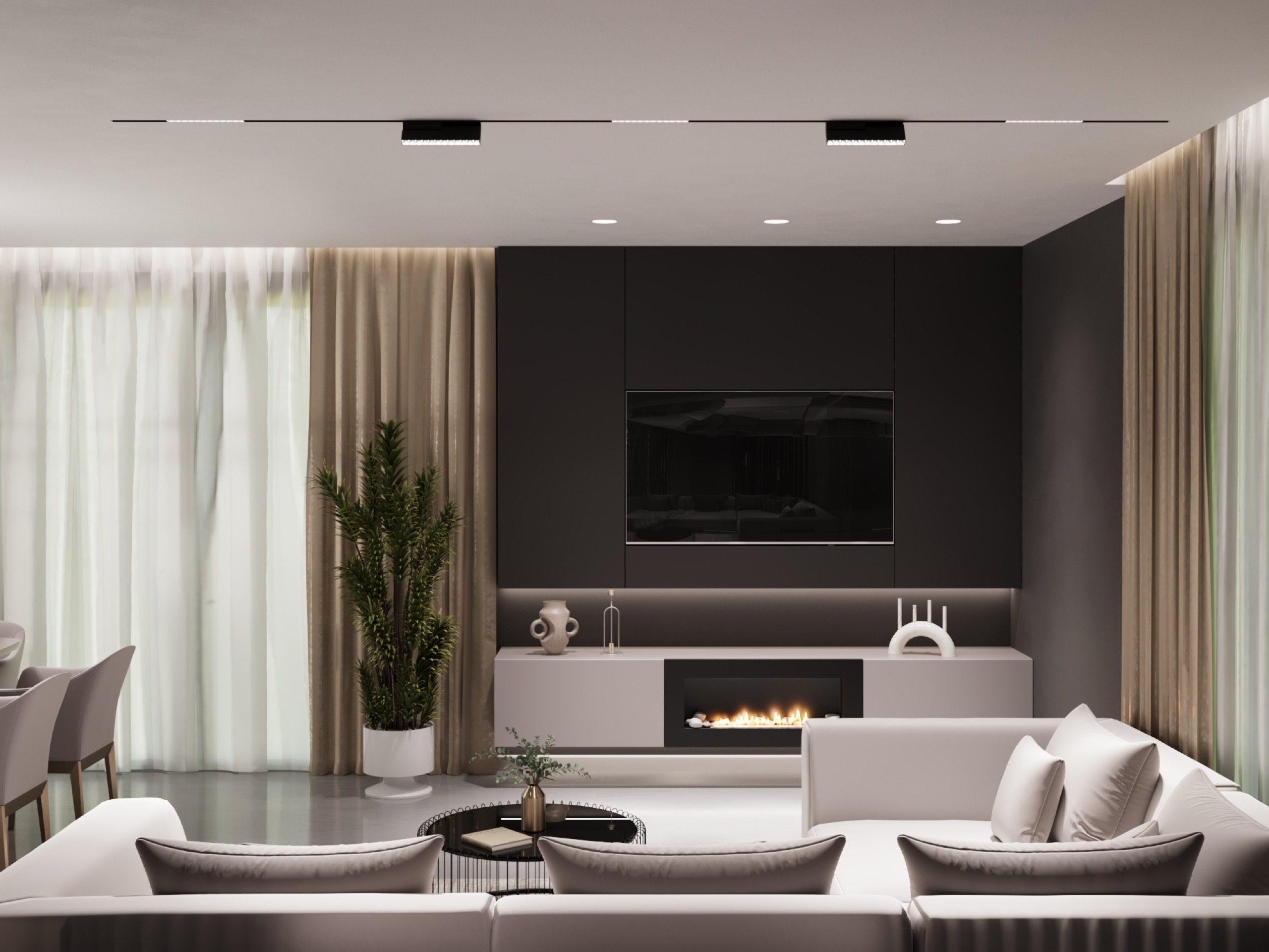 O casă contemporană unde dramatismul întâlnește confortul. Peretele de accent în negru mat, șemineul integrat și draperia generoasă în nuanțe de bej definesc un living care impune prin simplitate.
