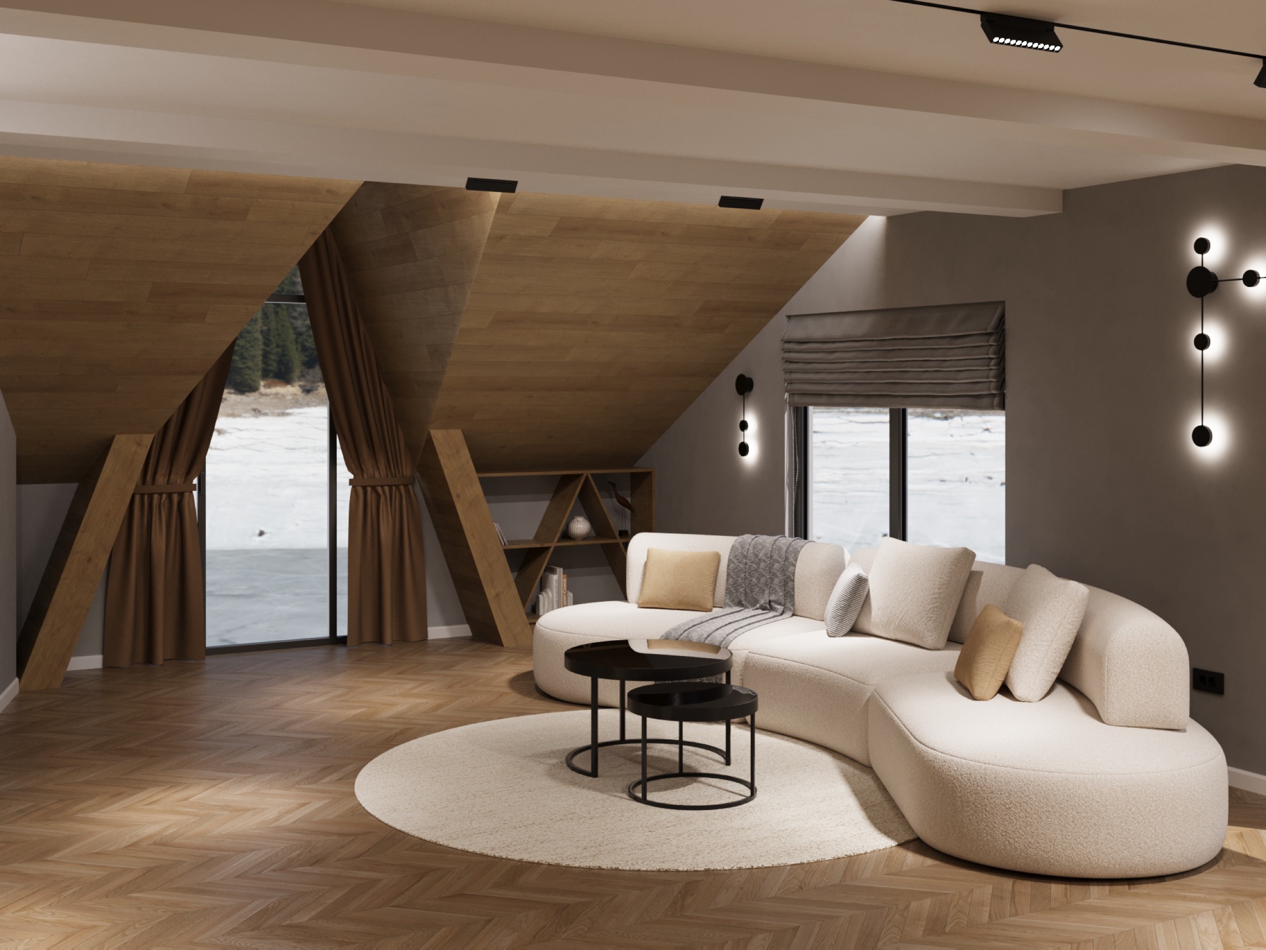 Un refugiu montan cu suflet elvețian, unde structura dramatică din lemn se îmbrățișează cu designul contemporan. Mansarda generoasă cu ferestre panoramice aduce peisajul de munte direct în interior.